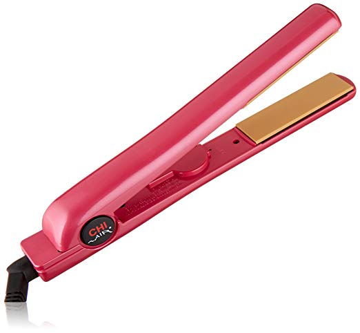 A pink flat iron with gold heating plates.