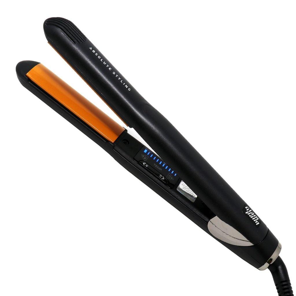 Another angle of a black flat iron with orange heating plates.
