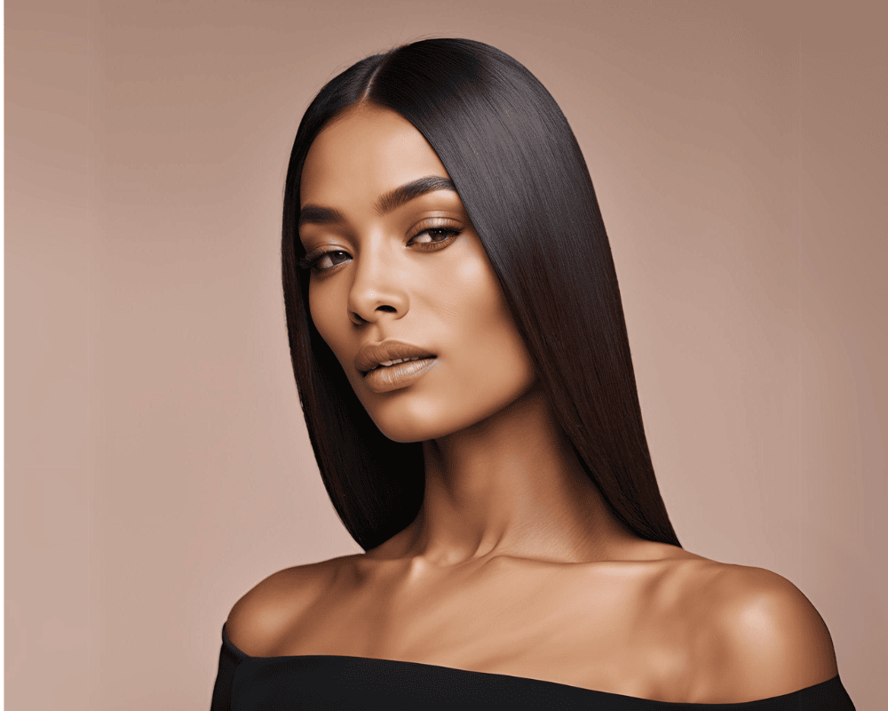 A woman with long, straight, dark hair, parted in the middle.
